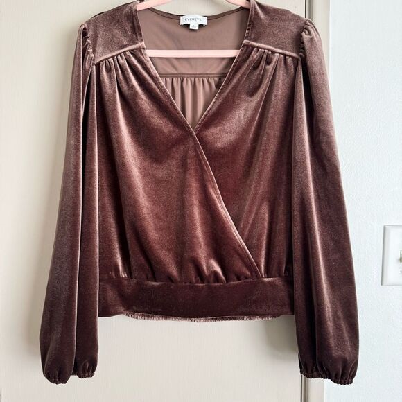 Evereve Kenna Velour  V-neck Surplice Wrap Brown Top - Picture 2 of 6
